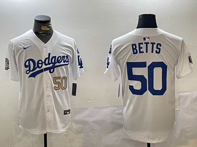 Men's Los Angeles Dodgers #50 Mookie Betts White 2024 World Series With Fernando Memorial Patch Home Limited Stitched Baseball Jersey 5