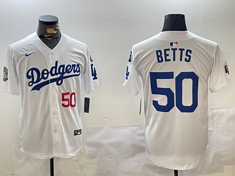 Men's Los Angeles Dodgers #50 Mookie Betts White 2024 World Series With Fernando Memorial Patch Home Limited Stitched Baseball Jersey 3