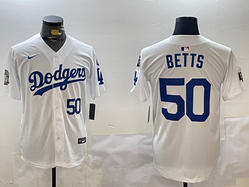 Men's Los Angeles Dodgers #50 Mookie Betts White 2024 World Series With Fernando Memorial Patch Home Limited Stitched Baseball Jersey 2