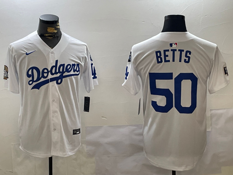 Men's Los Angeles Dodgers #50 Mookie Betts White 2024 World Series With Fernando Memorial Patch Home Limited Stitched Baseball Jersey 1