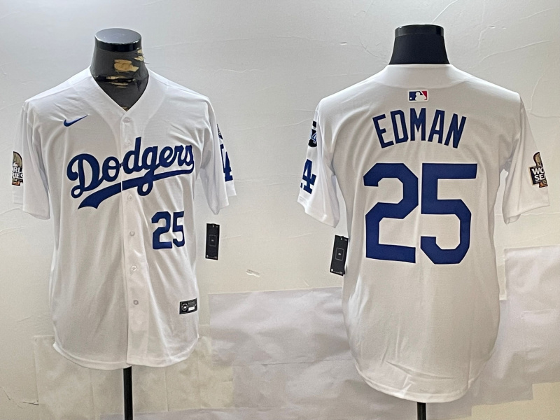Men's Los Angeles Dodgers #25 Tommy Edman White 2024 World Series With Fernando Memorial Patch Home Limited Stitched Baseball Jersey 2