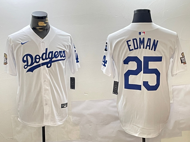 Men's Los Angeles Dodgers #25 Tommy Edman White 2024 World Series With Fernando Memorial Patch Home Limited Stitched Baseball Jersey 1