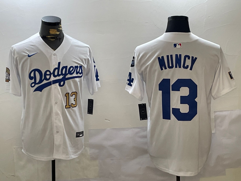 Men's Los Angeles Dodgers #13 Max Muncy White 2024 World Series With Fernando Memorial Patch Home Limited Stitched Baseball Jersey 2
