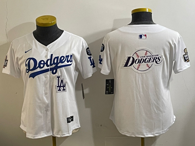 Women's Los Angeles Dodgers Blank White 2024 World Series With No. 34 Patch Home Limited Stitched Baseball Jersey(Run Small) 7