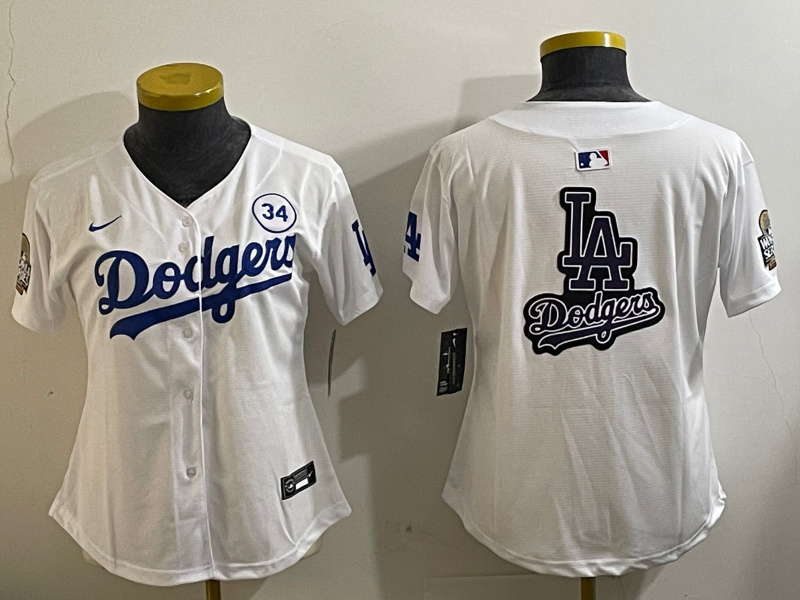 Women's Los Angeles Dodgers Blank White 2024 World Series With No. 34 Patch Home Limited Stitched Baseball Jersey(Run Small) 6