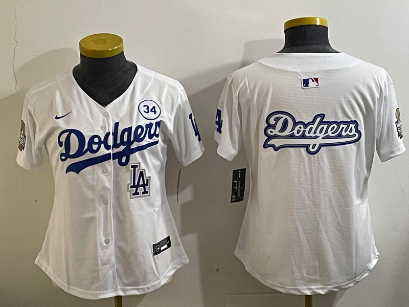 Women's Los Angeles Dodgers Blank White 2024 World Series With No. 34 Patch Home Limited Stitched Baseball Jersey(Run Small) 5