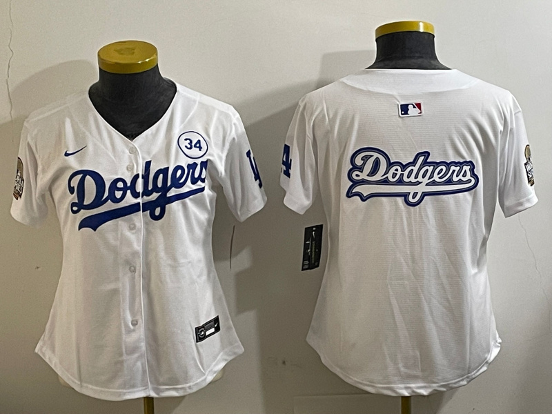Women's Los Angeles Dodgers Blank White 2024 World Series With No. 34 Patch Home Limited Stitched Baseball Jersey(Run Small) 3