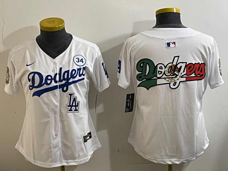Women's Los Angeles Dodgers Blank White 2024 World Series With No. 34 Patch Home Limited Stitched Baseball Jersey(Run Small) 2