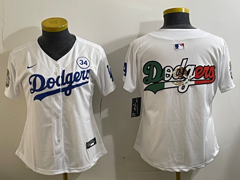 Women's Los Angeles Dodgers Blank White 2024 World Series With No. 34 Patch Home Limited Stitched Baseball Jersey(Run Small) 1