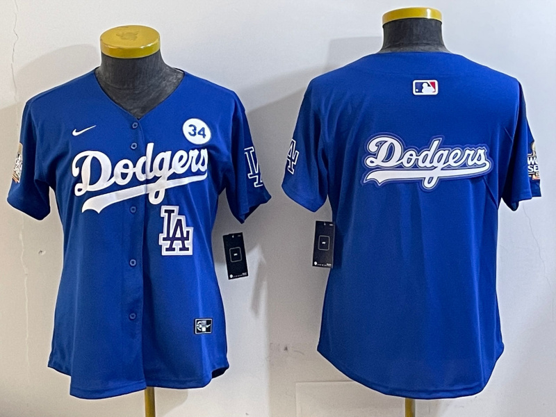 Women's Los Angeles Dodgers Blank Blue 2024 World Series With No. 34 Patch Home Limited Stitched Baseball Jersey(Run Small) 7