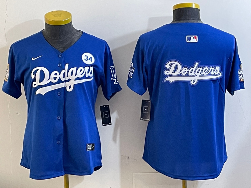 Women's Los Angeles Dodgers Blank Blue 2024 World Series With No. 34 Patch Home Limited Stitched Baseball Jersey(Run Small) 6