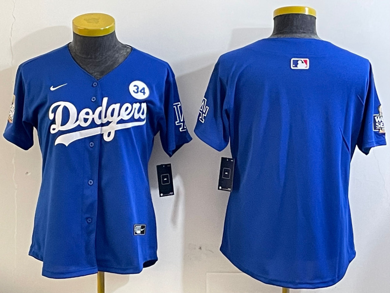 Women's Los Angeles Dodgers Blank Blue 2024 World Series With No. 34 Patch Home Limited Stitched Baseball Jersey(Run Small) 5