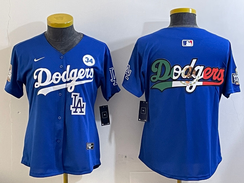 Women's Los Angeles Dodgers Blank Blue 2024 World Series With No. 34 Patch Home Limited Stitched Baseball Jersey(Run Small) 3