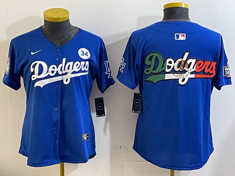Women's Los Angeles Dodgers Blank Blue 2024 World Series With No. 34 Patch Home Limited Stitched Baseball Jersey(Run Small) 2