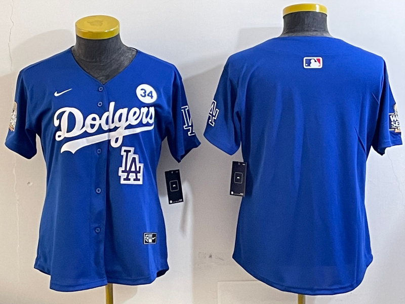 Women's Los Angeles Dodgers Blank Blue 2024 World Series With No. 34 Patch Home Limited Stitched Baseball Jersey(Run Small)