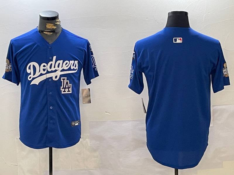 Men's Los Angeles Dodgers Blank Blue 2024 World Series With No. 34 Patch Home Limited Stitched Baseball Jersey(Run Small)