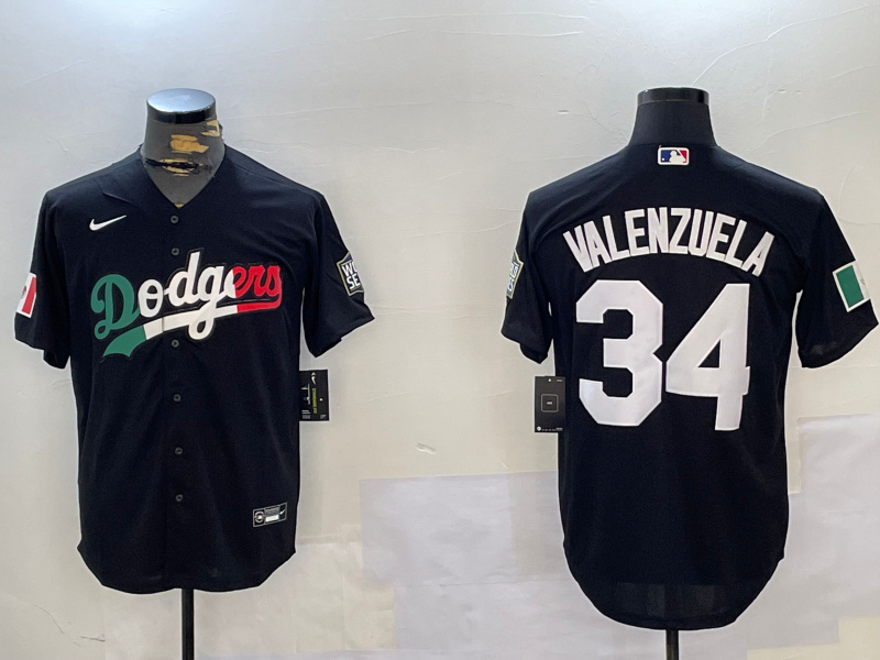 Men's Los Angeles Dodgers #34 Toro Valenzuela Black Mexico 2024 World Series With No. 34 Patch Cool Base Stitched Baseball Jersey 1