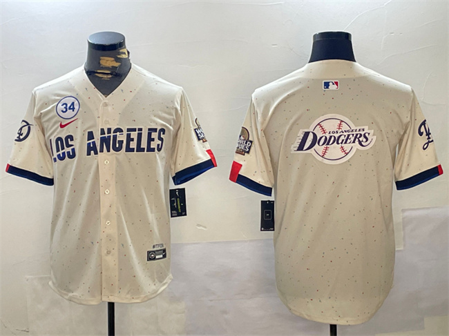 Men's Los Angeles Dodgers Team Big Logo Cream 2024 World Series With No. 34 Patch Limited Stitched Baseball Jersey 2