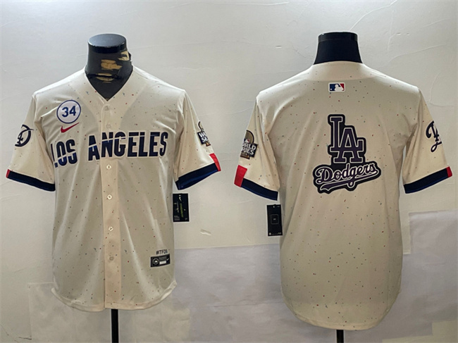 Men's Los Angeles Dodgers Team Big Logo Cream 2024 World Series With No. 34 Patch Limited Stitched Baseball Jersey 1