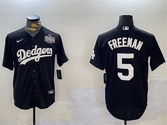 Men's Los Angeles Dodgers #5 Freddie Freeman Black 2024 World Series Cool Base Stitched Baseball Jersey 1