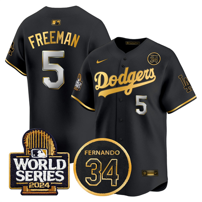 Men's Los Angeles Dodgers #5 Freddie Freeman Black Gold 2024 World Series With Fernando Memorial Patch Limited Stitched Baseball Jersey