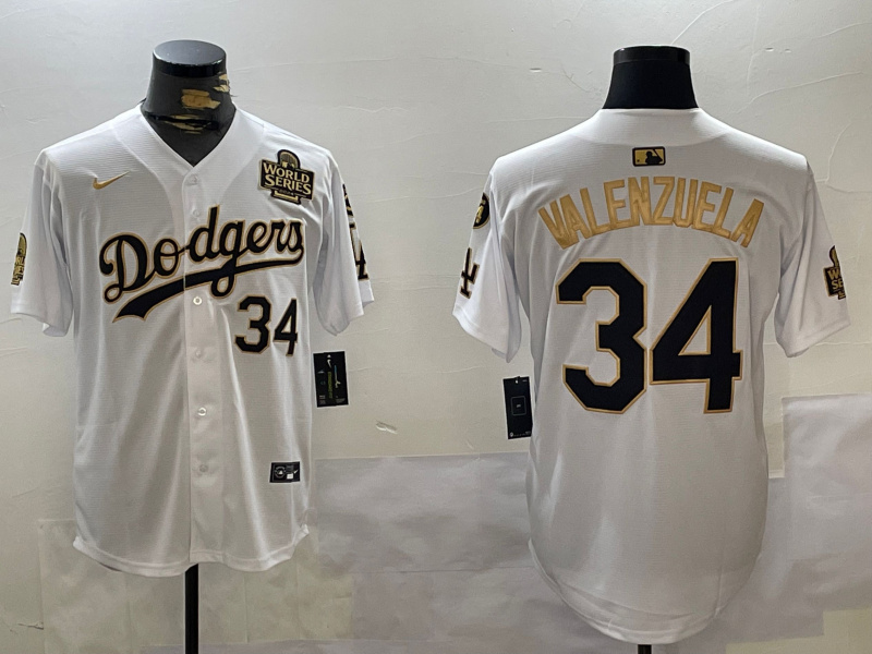 Men's Los Angeles Dodgers #34 Toro Valenzuela White Gold 2024 World Series With Fernando Memorial Patch Limited Stitched Baseball Jersey 5