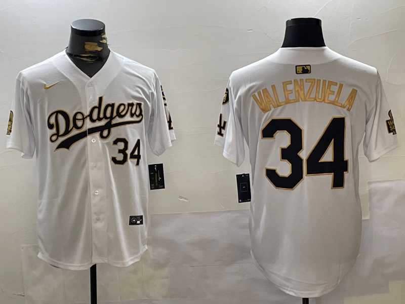 Men's Los Angeles Dodgers #34 Toro Valenzuela White Gold 2024 World Series With Fernando Memorial Patch Limited Stitched Baseball Jersey 2