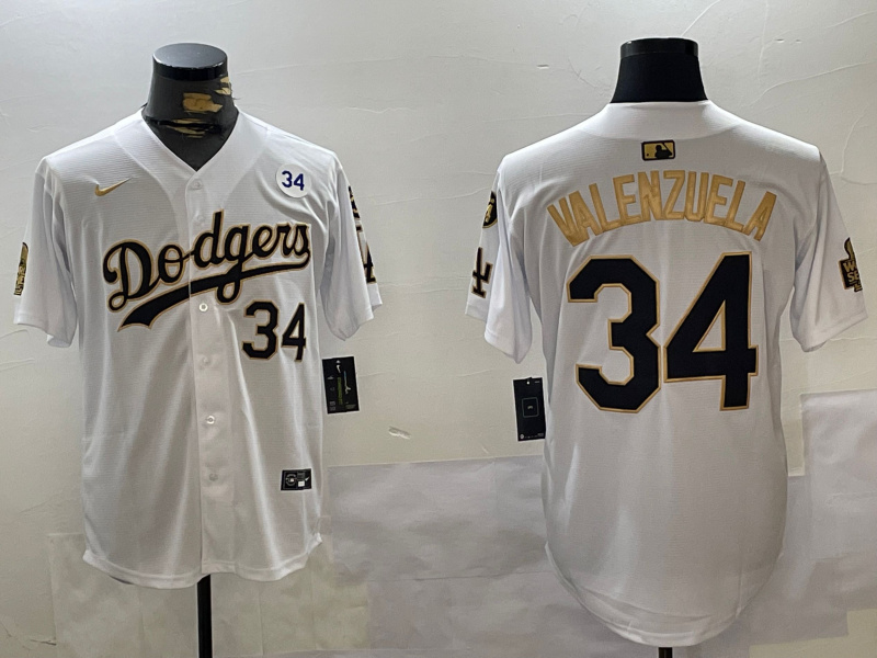 Men's Los Angeles Dodgers #34 Toro Valenzuela White Gold 2024 World Series With Fernando Memorial Patch Limited Stitched Baseball Jersey 1