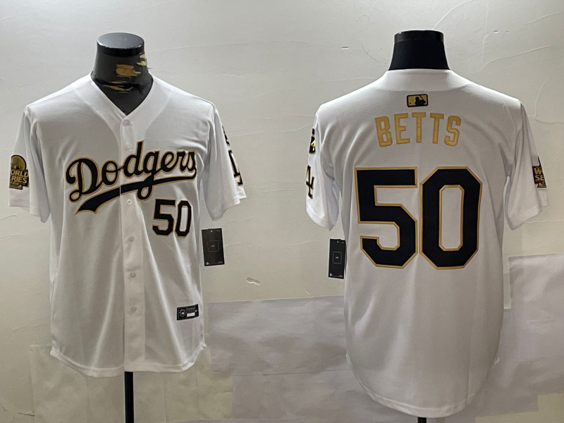 men's los angeles dodgers #50 mookie betts white gold 2024 world series with fernando memorial patch limited stitched baseball jersey_副本