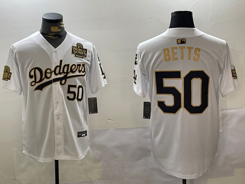 Men's Los Angeles Dodgers #50 Mookie Betts White Gold 2024 World Series With Fernando Memorial Patch Limited Stitched Baseball Jersey 2