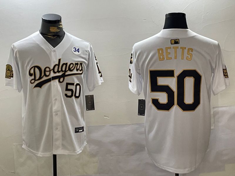 Men's Los Angeles Dodgers #50 Mookie Betts White Gold 2024 World Series With Fernando Memorial Patch Limited Stitched Baseball Jersey 1