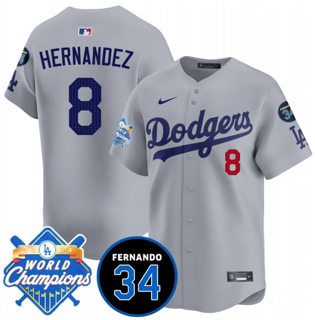 Men's Los Angeles Dodgers #8 Enrique Hernández Grey 2024 World Champions & Fernando Memorial Patch Vapor Premier Limited Stitched Baseball Jersey