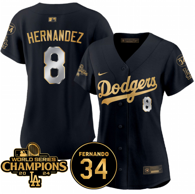 Women's Los Angeles Dodgers #8 Enrique Hernández Black Gold 2024 World Series Champions & Fernando Memorial Patch Limited Stitched Baseball Jersey(Run Small)