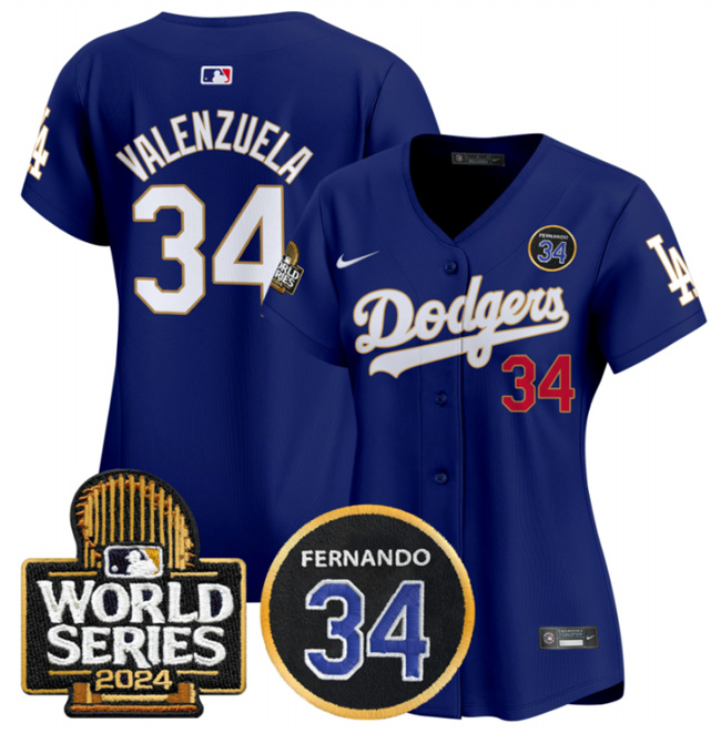 Women's Los Angeles Dodgers #34 Fernando Valenzuela Royal 2024 World Series & Fernando Memorial Patch Limited Stitched Baseball Jersey(Run Small)