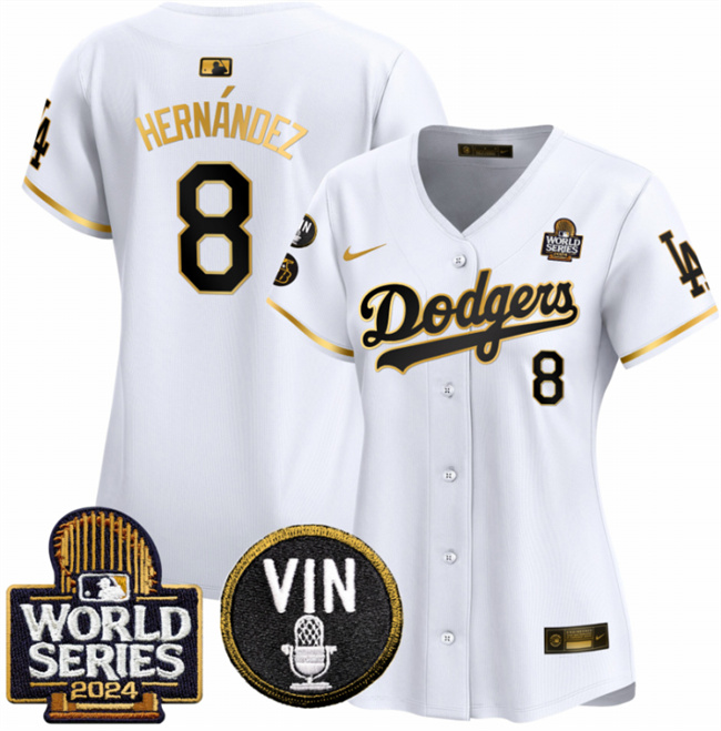 Women's Los Angeles Dodgers #8 Enrique Hernández White Gold 2024 World Series With Vin & Kobe Patch Limited Stitched Baseball Jersey(Run Small)