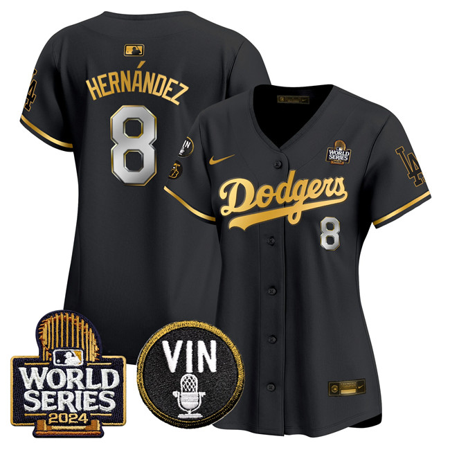 Women's Los Angeles Dodgers #8 Enrique Hernández Black Gold 2024 World Series With Vin & Kobe Patch Limited Stitched Baseball Jersey(Run Small)