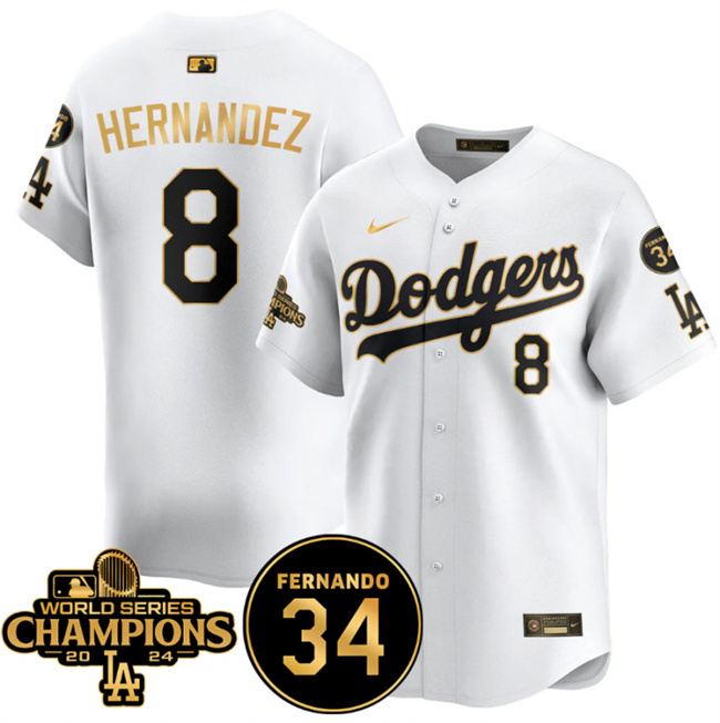 Men's Los Angeles Dodgers #8 Enrique Hernández White Gold 2024 World Series Champions & Fernando Memorial Patch Vapor Premier Limited Stitched Baseball Jersey