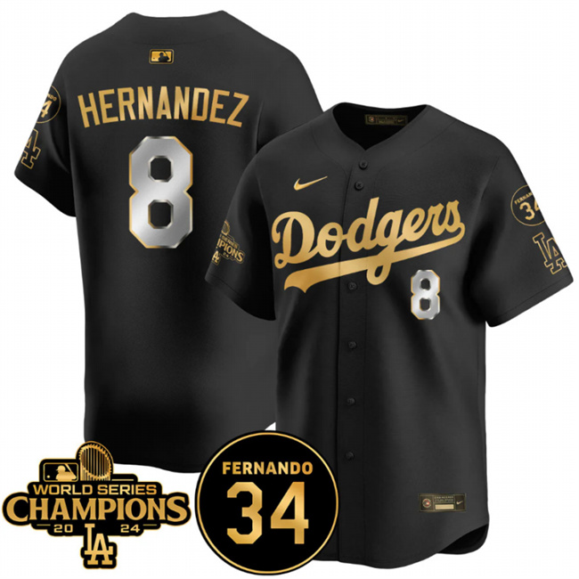 Men's Los Angeles Dodgers #8 Enrique Hernández Black Gold 2024 World Series Champions & Fernando Memorial Patch Vapor Premier Limited Stitched Baseball Jersey