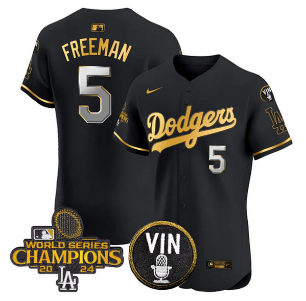 Men's Los Angeles Dodgers #5 Freddie Freeman Black Gold 2024 World Series Champions With Vin Patch Vapor Limited Stitched Baseball Jersey