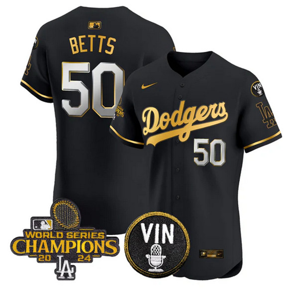 Men's Los Angeles Dodgers #50 Mookie Betts Black Gold 2024 World Series Champions With Vin Patch Vapor Limited Stitched Baseball Jersey