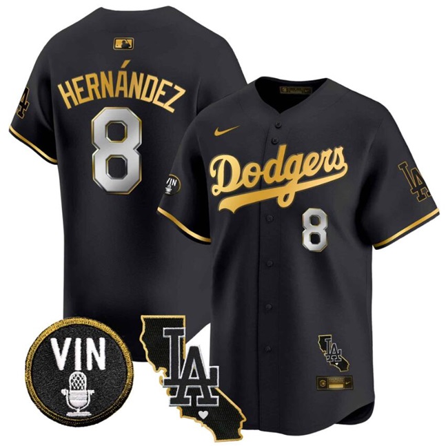 Men's Los Angeles Dodgers #8 Enrique Hernández Black Gold Vin & California Patch Vapor Premier Limited Stitched Baseball Jersey