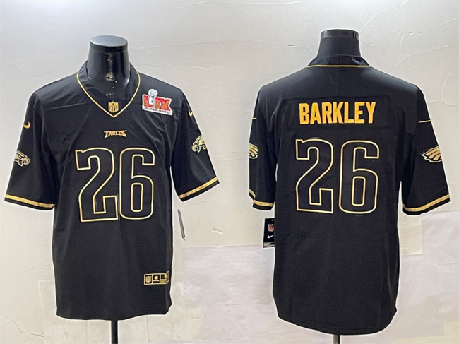 Men's Philadelphia Eagles #26 Saquon Barkley Black Gold 2025 Super Bowl LIX Patch Salute To Service Vapor Untouchable Limited Stitched Football Jersey