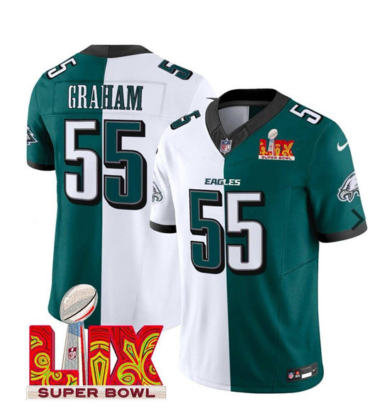 Men's Philadelphia Eagles #55 Brandon Graham White Green Split 2025 Super Bowl LIX Patch F.U.S.E. Vapor Untouchable Limited Stitched Football Jersey