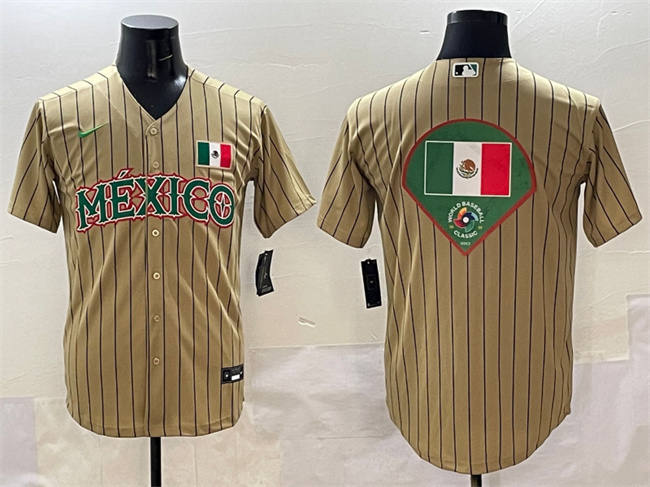 Men's Mexico Baseball Tan 2023 World Baseball Classic Team Big Logo Stitched Jersey 2