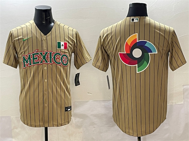 Men's Mexico Baseball Tan 2023 World Baseball Classic Team Big Logo Stitched Jersey 1