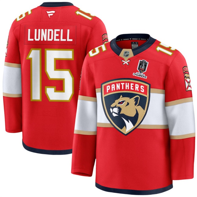 Men's Florida Panthers #15 Anton Lundell Red Home 2025 Stanley Cup Champions Patch Stitched Hockey Jersey