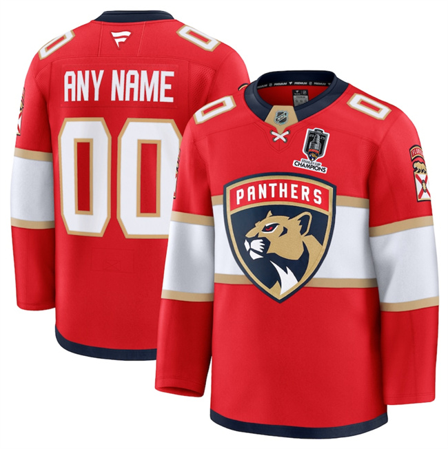 Men's Florida Panthers Custom Red Home 2025 Stanley Cup Champions Patch Stitched Hockey Jersey
