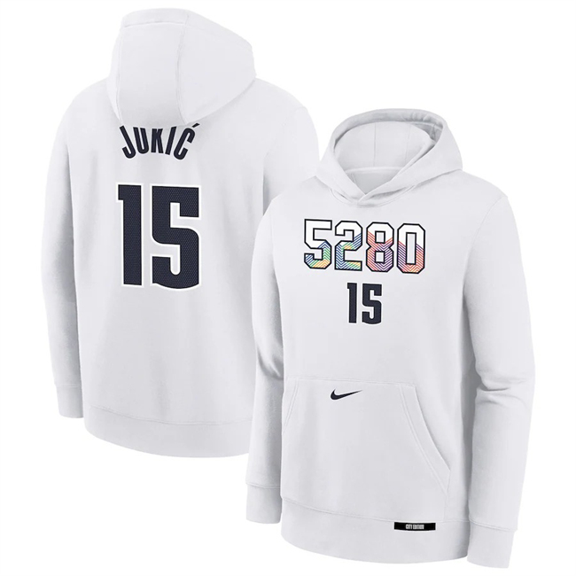 Men's Denver Nuggets #15 Nikola Joki? White 2024 25 City Edition Fleece Club Pullover Hoodie