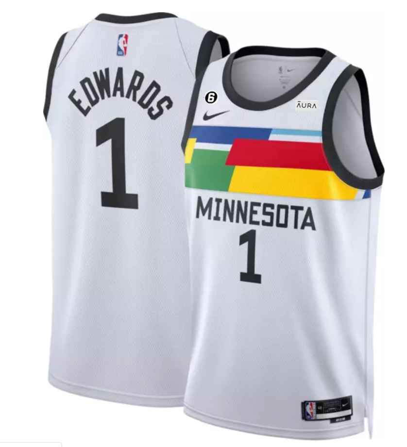 Men's Minnesota Timberwolves #1 Anthony Edwards White 2022 23 City Edition With NO.6 Patch Stitched Jersey