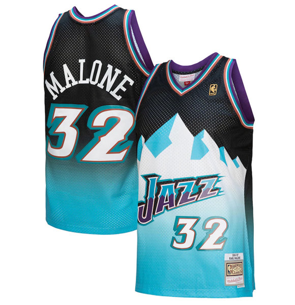 Men's Utah Jazz #32 Karl Malone 1996-97 Black Light Blue Throwback Stitched Jersey